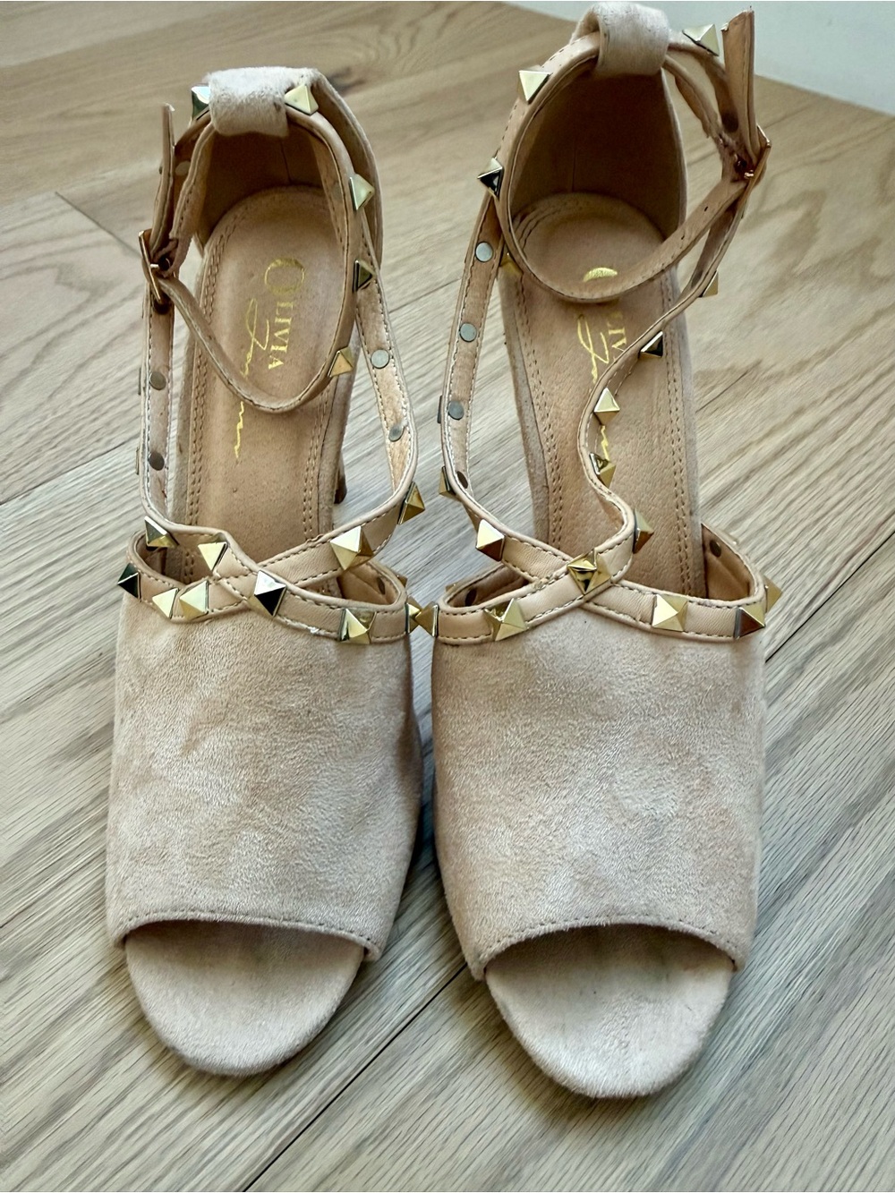 Peep-Toe Studded Ankle-Strap Sandals in Beige